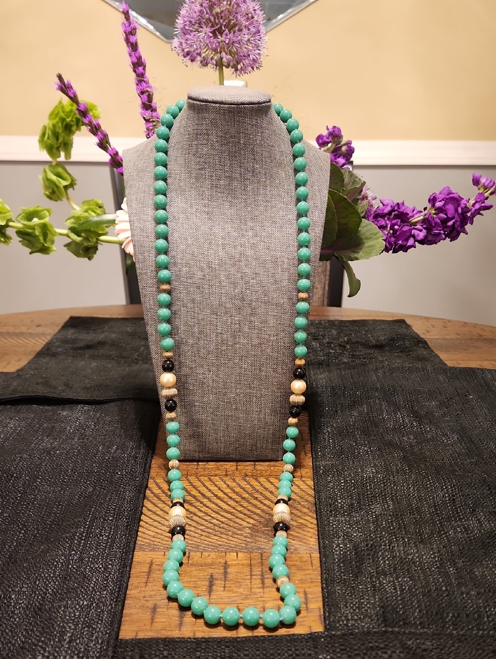 Les Bernard Turquoise Beaded Long Necklace with Black & Cream Accents